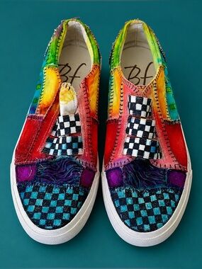 Upcycled Slip-On Shoes | Multicolored Checkerboard Art | Size 8